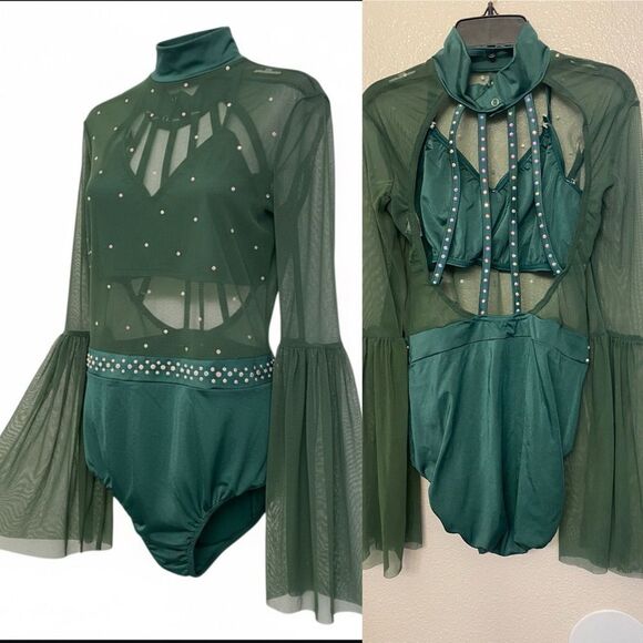 Weissman Other - Kelle Dance costume solo green mesh leotard rhinestoned MA-Medium adult